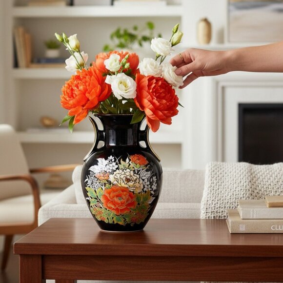 Vintage Asian Floral-Patterned Bulbous Vase in Ebony and Colorful Accents